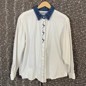 Vintage Cabin Creek Floral Embroidered Button‎ Up Denim Collar Women's XL